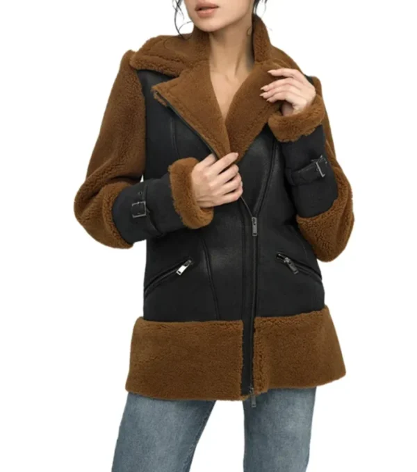 Black and Brown Shearling Aviator Leather Jacket Front