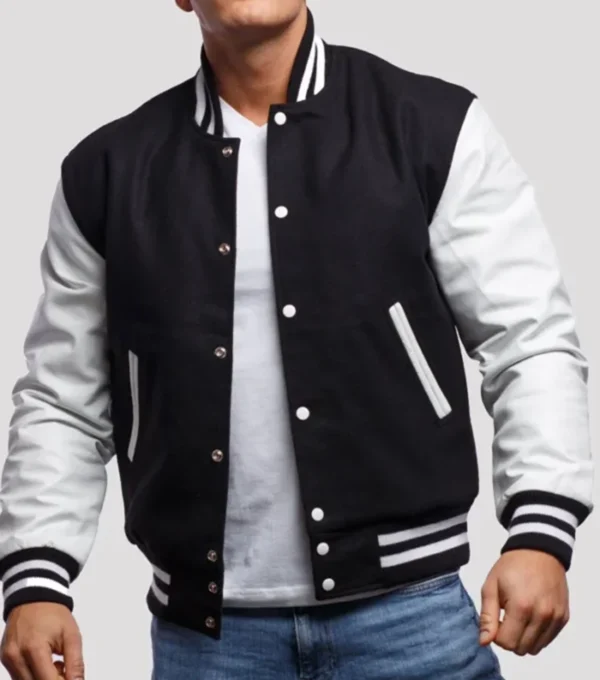 Black and White Varsity Bomber Jacket Front