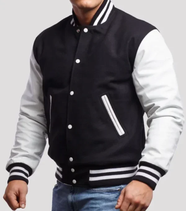 Black and White Varsity Bomber Jacket on Sale