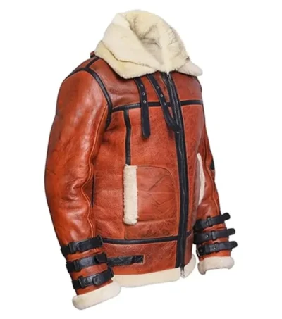 Bravonek Red B3 Aviator Leather with Belted Collar Jacket Side Look