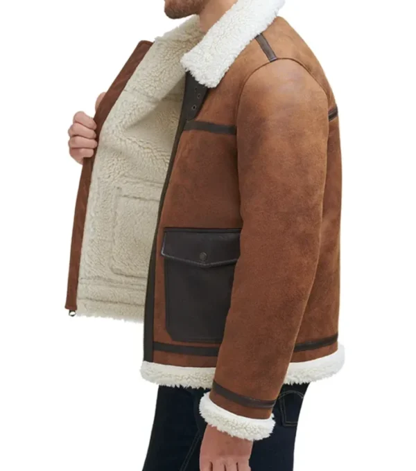 Brown B3 Aviator Jacket with White Fur Side Look