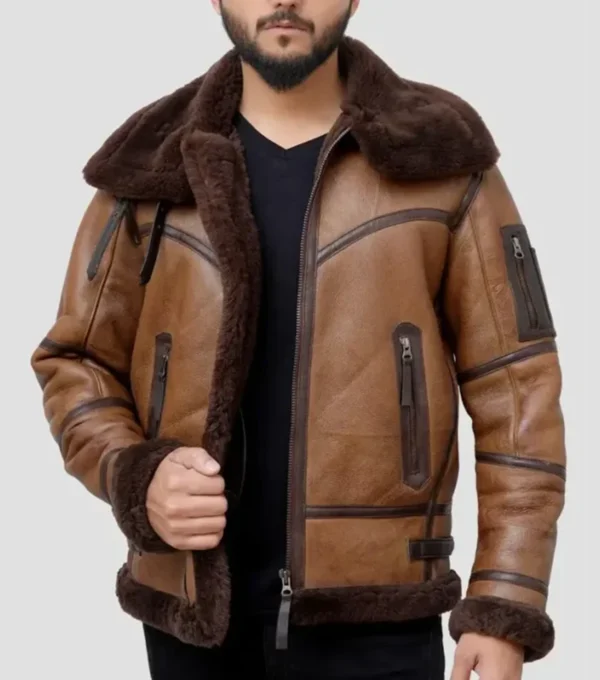 Brown B3 Leather Jacket Men With Fur Lining