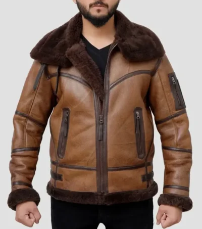 Brown B3 Leather Jacket Men With Fur Lining Front