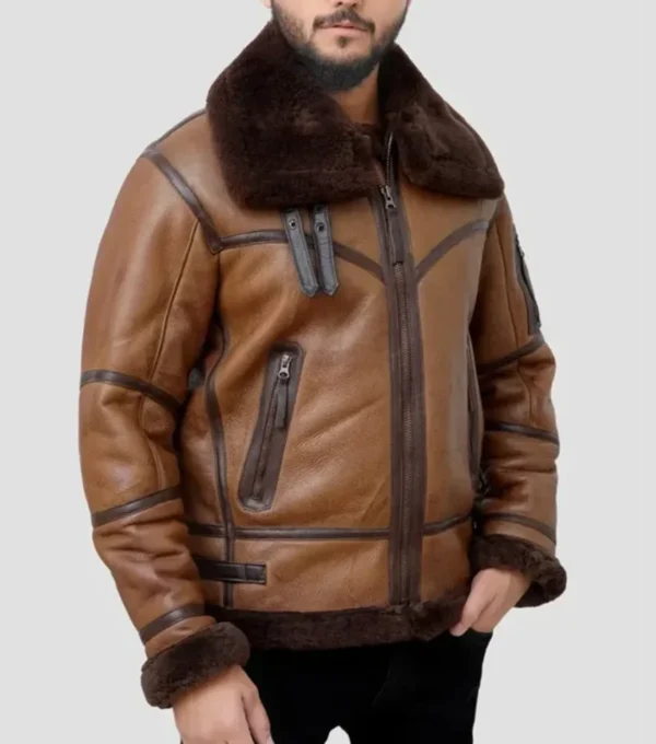 Brown B3 Leather Jacket Men With Fur Lining Front