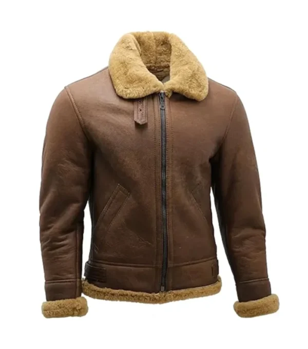 Brown B3 Leather Jacket with Tan Shearling Fur Side Look