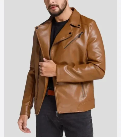 Brown Biker Leather Jacket with Zipper Closure