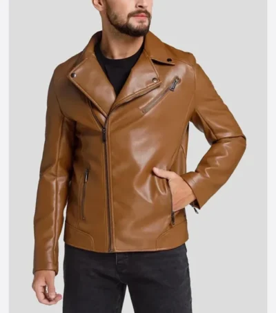 Brown Biker Leather Jacket with Zipper Closure Front