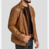 Brown Biker Leather Jacket with Zipper Closure Side Look