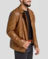 Brown Biker Leather Jacket with Zipper Closure Side Look