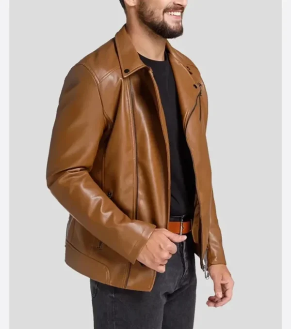 Brown Biker Leather Jacket with Zipper Closure Side Look