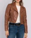 Brown Biker Style Crop Leather Zipper Jacket