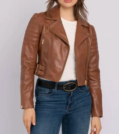 Brown Biker Style Crop Leather Zipper Jacket