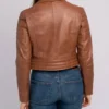 Brown Biker Style Crop Leather Zipper Jacket Back