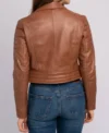 Brown Biker Style Crop Leather Zipper Jacket Back