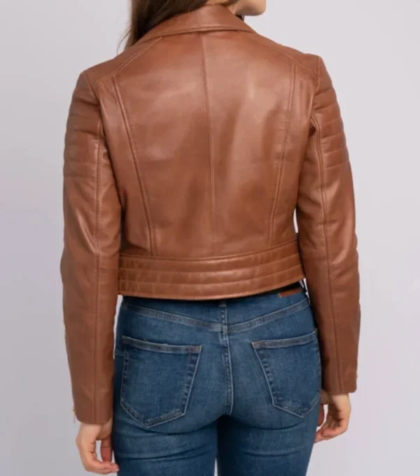 Brown Biker Style Crop Leather Zipper Jacket Back