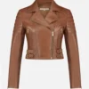 Brown Biker Style Crop Leather Zipper Jacket Front