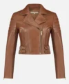 Brown Biker Style Crop Leather Zipper Jacket Front