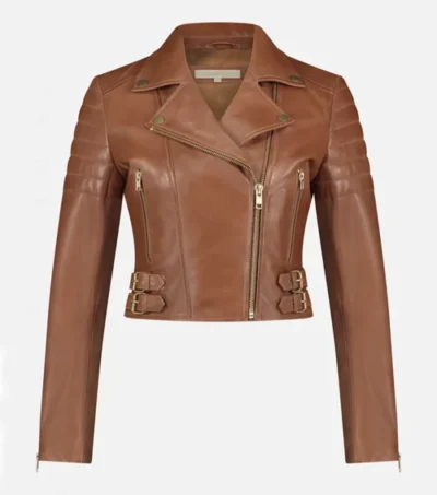 Brown Biker Style Crop Leather Zipper Jacket Front