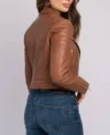 Brown Biker Style Crop Leather Zipper Jacket Side Look