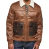 Brown Bomber Leather Jacket with Shearling Collar