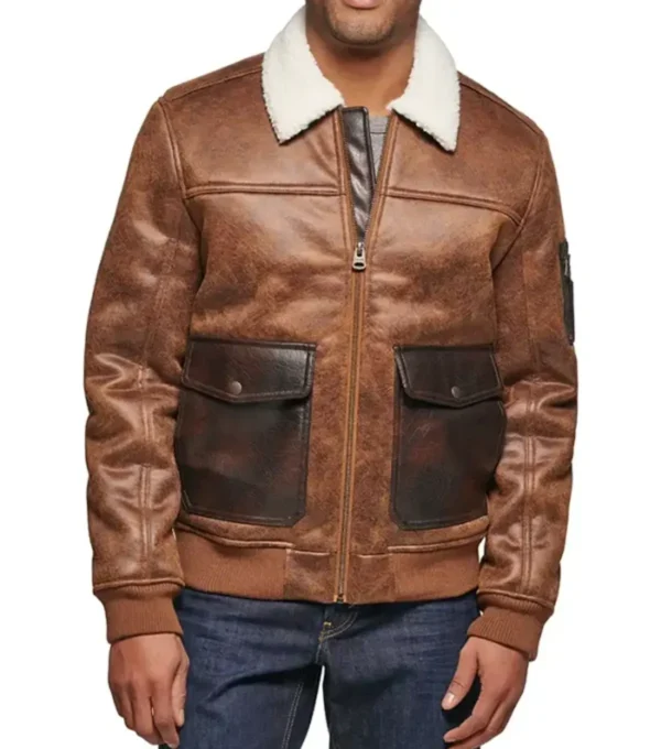 Brown Bomber Leather Jacket with Shearling Collar