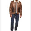 Brown Bomber Leather Jacket with Shearling Collar Front