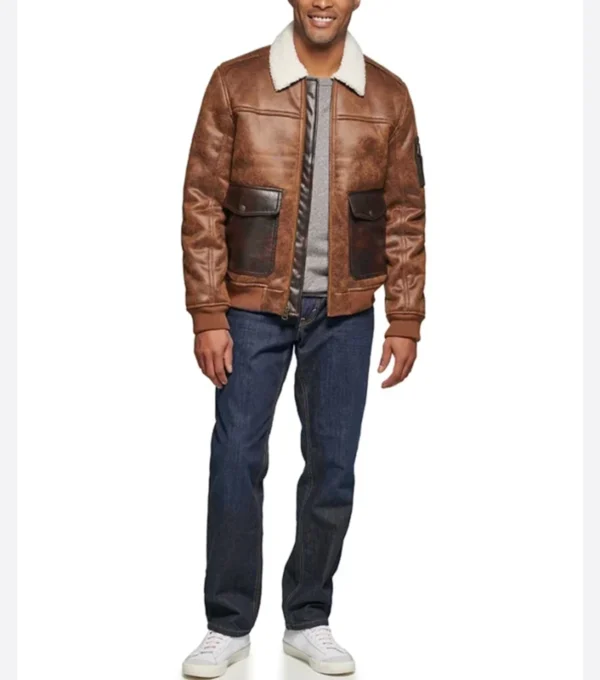 Brown Bomber Leather Jacket with Shearling Collar Front