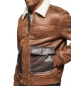 Brown Bomber Leather Jacket with Shearling Collar Side Look
