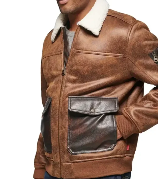 Brown Bomber Leather Jacket with Shearling Collar Side Look