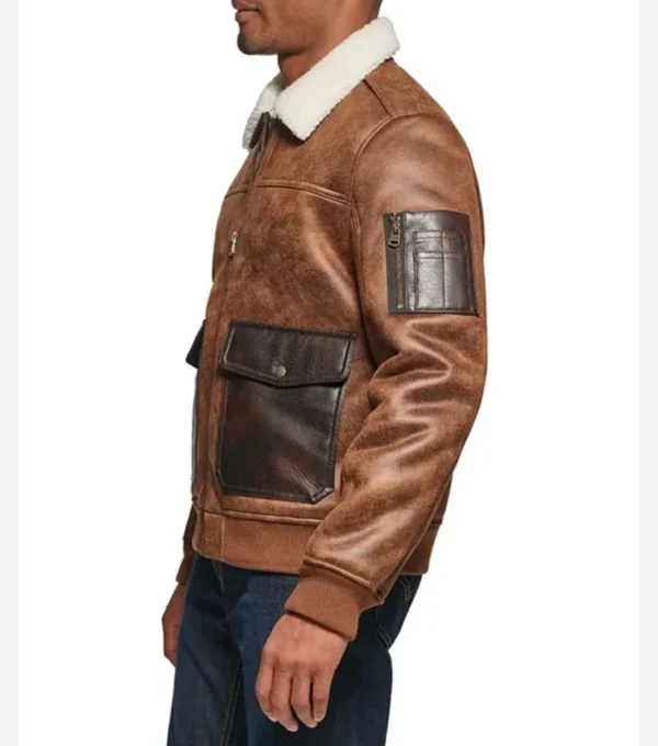 Brown Bomber Leather Jacket with Shearling Collar on Sale