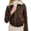 Brown Bomber Leather Jacket with White Fur Collar