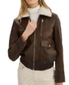 Brown Bomber Leather Jacket with White Fur Collar