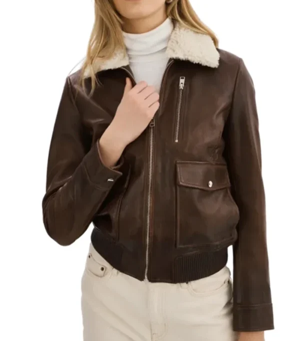 Brown Bomber Leather Jacket with White Fur Collar