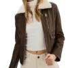 Brown Bomber Leather Jacket with White Fur Collar Front
