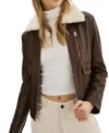 Brown Bomber Leather Jacket with White Fur Collar Front