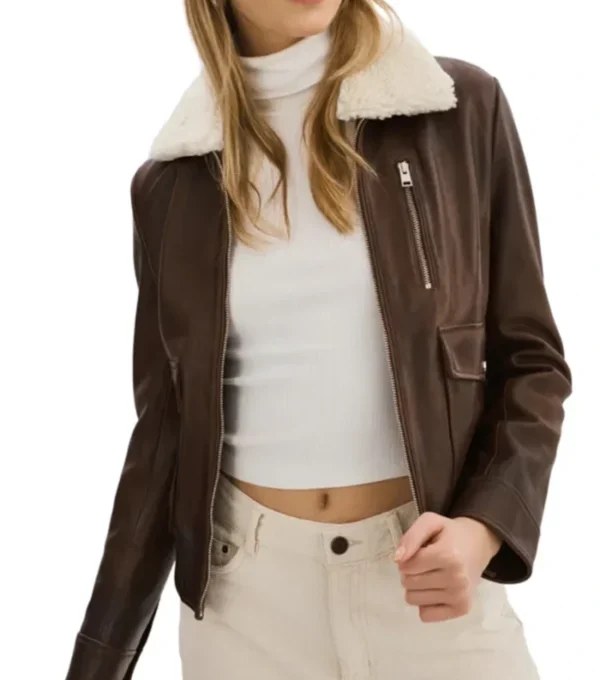 Brown Bomber Leather Jacket with White Fur Collar Front
