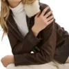 Brown Bomber Leather Jacket with White Fur Collar Side Look