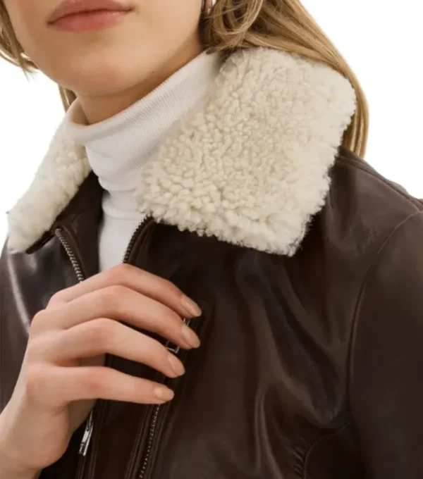 Brown Bomber Leather Jacket with White Fur Collar on Sale
