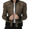 Brown Bomber Style Leather Jacket with Black Trim