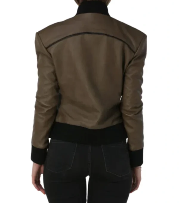 Brown Bomber Style Leather Jacket with Black Trim Back