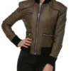 Brown Bomber Style Leather Jacket with Black Trim Front