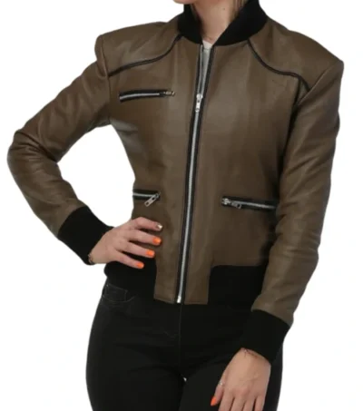 Brown Bomber Style Leather Jacket with Black Trim Front