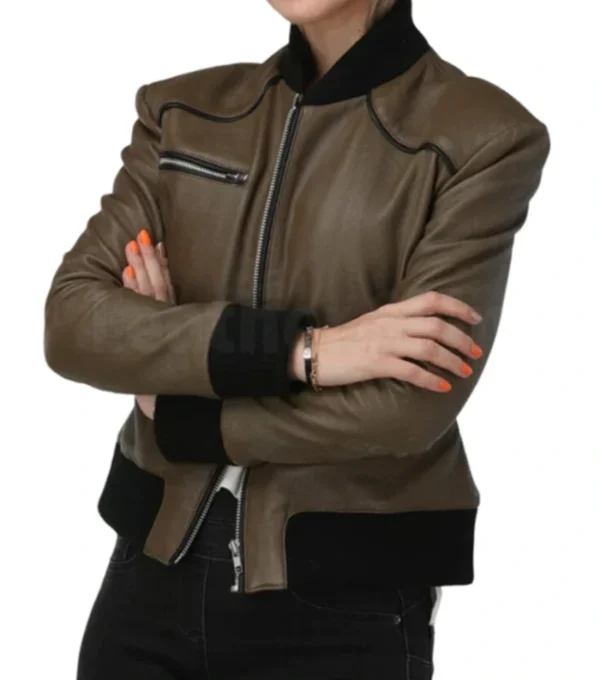 Brown Bomber Style Leather Jacket with Black Trim Sale