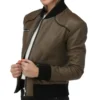 Brown Bomber Style Leather Jacket with Black Trim Side Look