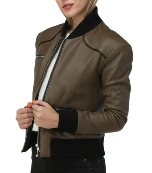 Brown Bomber Style Leather Jacket with Black Trim Side Look