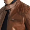 Brown Cafe Racer Leather Jacket For Men Closer