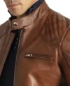 Brown Cafe Racer Leather Jacket For Men Closer