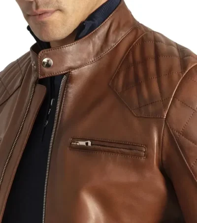 Brown Cafe Racer Leather Jacket For Men Closer