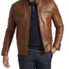 Brown Cafe Racer Leather Jacket For Men Front