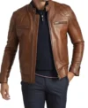 Brown Cafe Racer Leather Jacket For Men Front